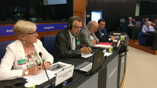 The Aranese Academy of the Occitan Language delegation speaks at the Minority Intergroup meeting at the European Parliament in Strasbourg on September 13 (by ACN)